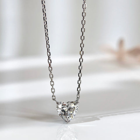 Front view of a 1.51 carat heart-shaped lab grown diamond necklace in 18K white gold.