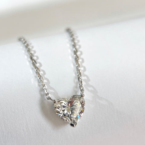 Close-up of a 1.51 carat heart-shaped lab grown diamond necklace in 18K white gold.