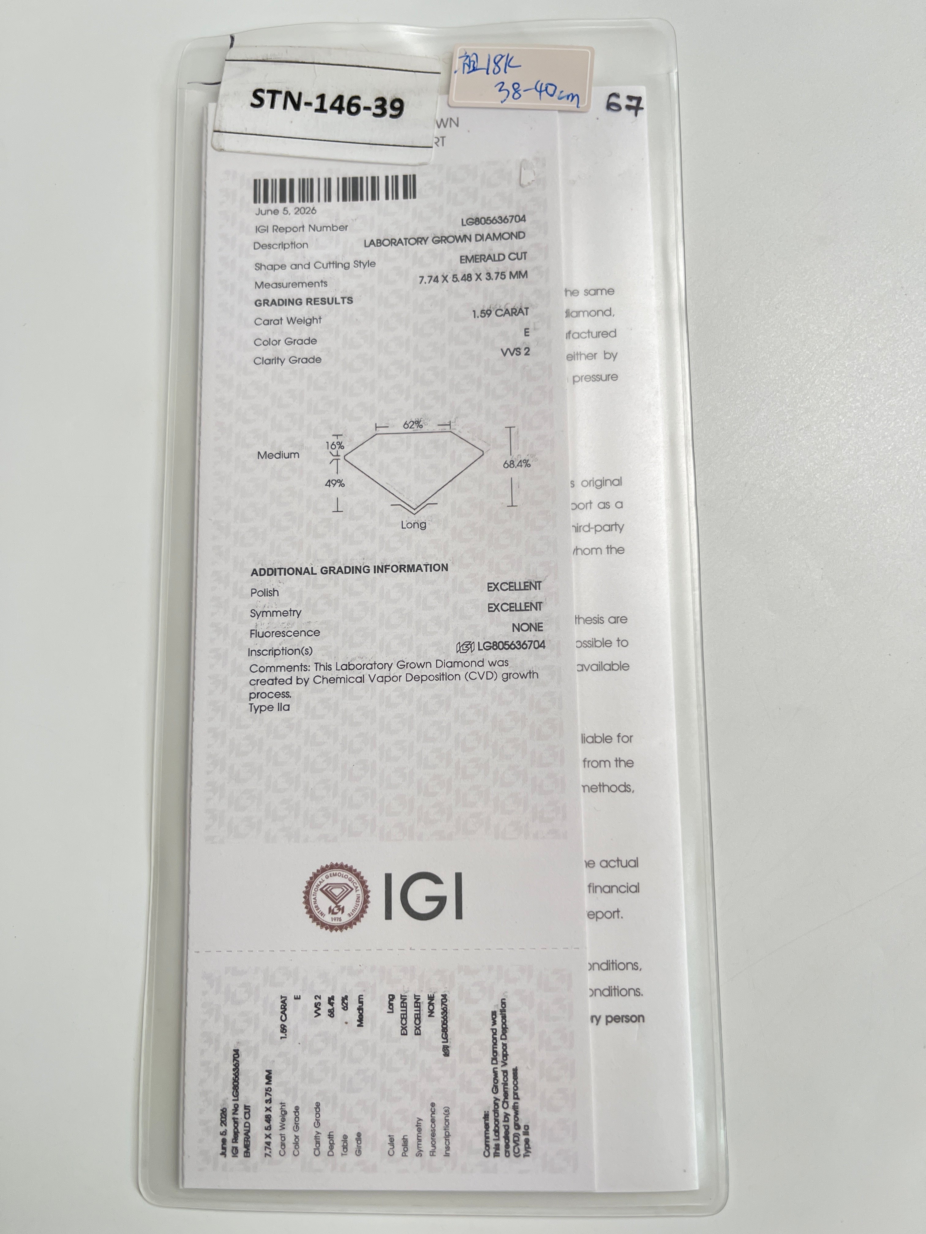 IGI grading report shown with an emerald-cut lab grown diamond for the 1.5 ct necklace