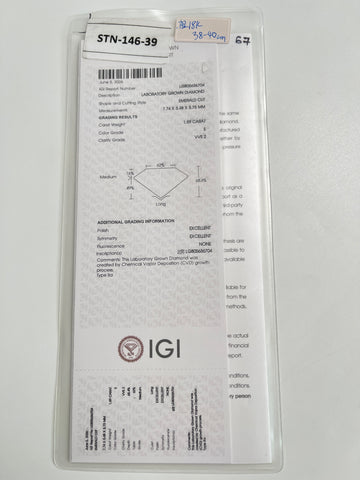 IGI grading report shown with an emerald-cut lab grown diamond for the 1.5 ct necklace