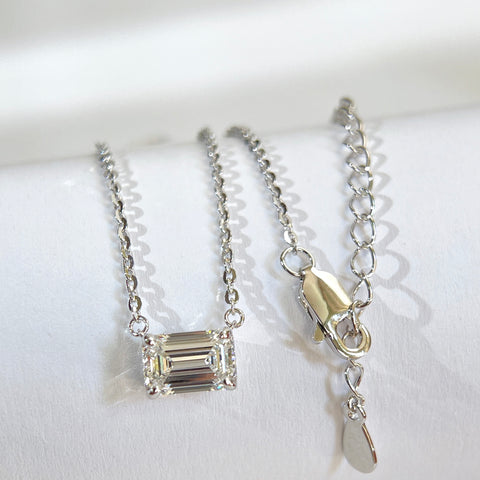 Sterling silver emerald-cut lab grown diamond necklace with clasp and adjustable extension chain