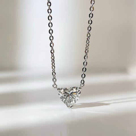 Front view of a 1.5 carat heart-shaped lab grown diamond necklace in S925 sterling silver.