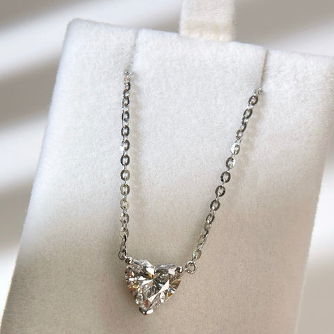 Full necklace display of a 1.5 carat heart-shaped lab grown diamond necklace in S925 sterling silver.