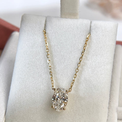 Full jewelry box display of a 1.5 carat oval lab-grown diamond necklace