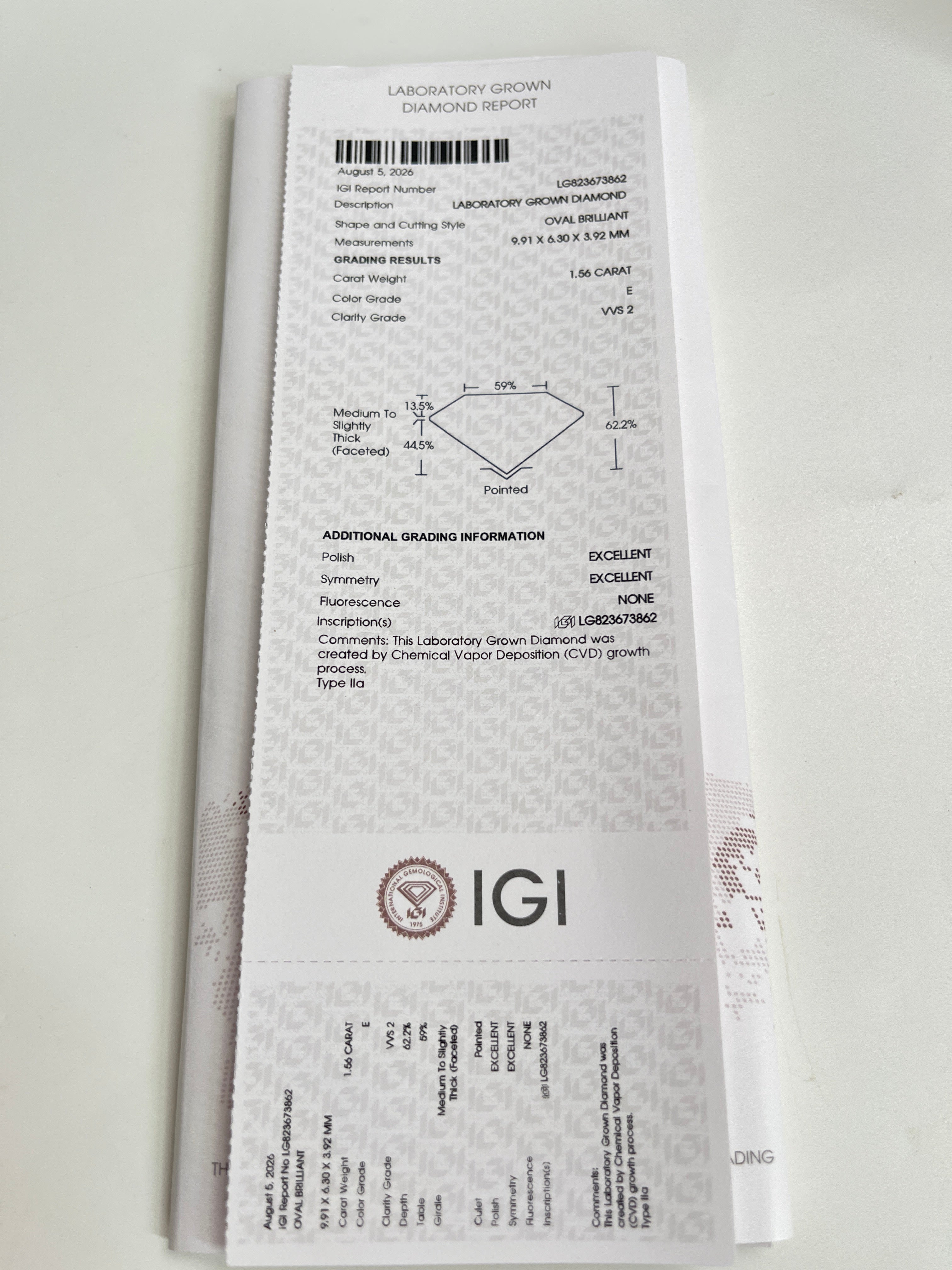 IGI grading report for the 1.5 carat oval lab-grown diamond necklace
