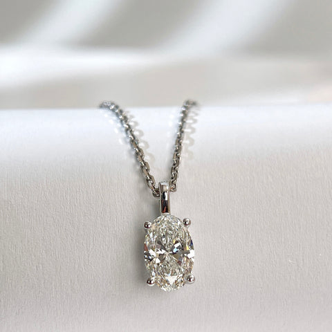 Oval lab-grown diamond pendant displayed on a chain for styling