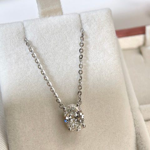 Front view of a 1.5 carat oval lab grown diamond necklace in S925 sterling silver.