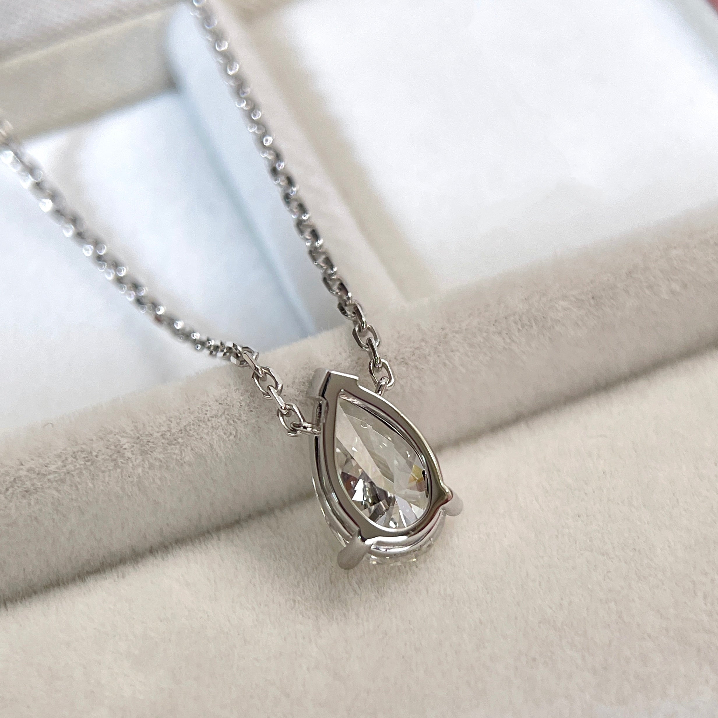 Back view showing the setting of a 1.5 carat pear lab grown diamond necklace in 18K white gold.
