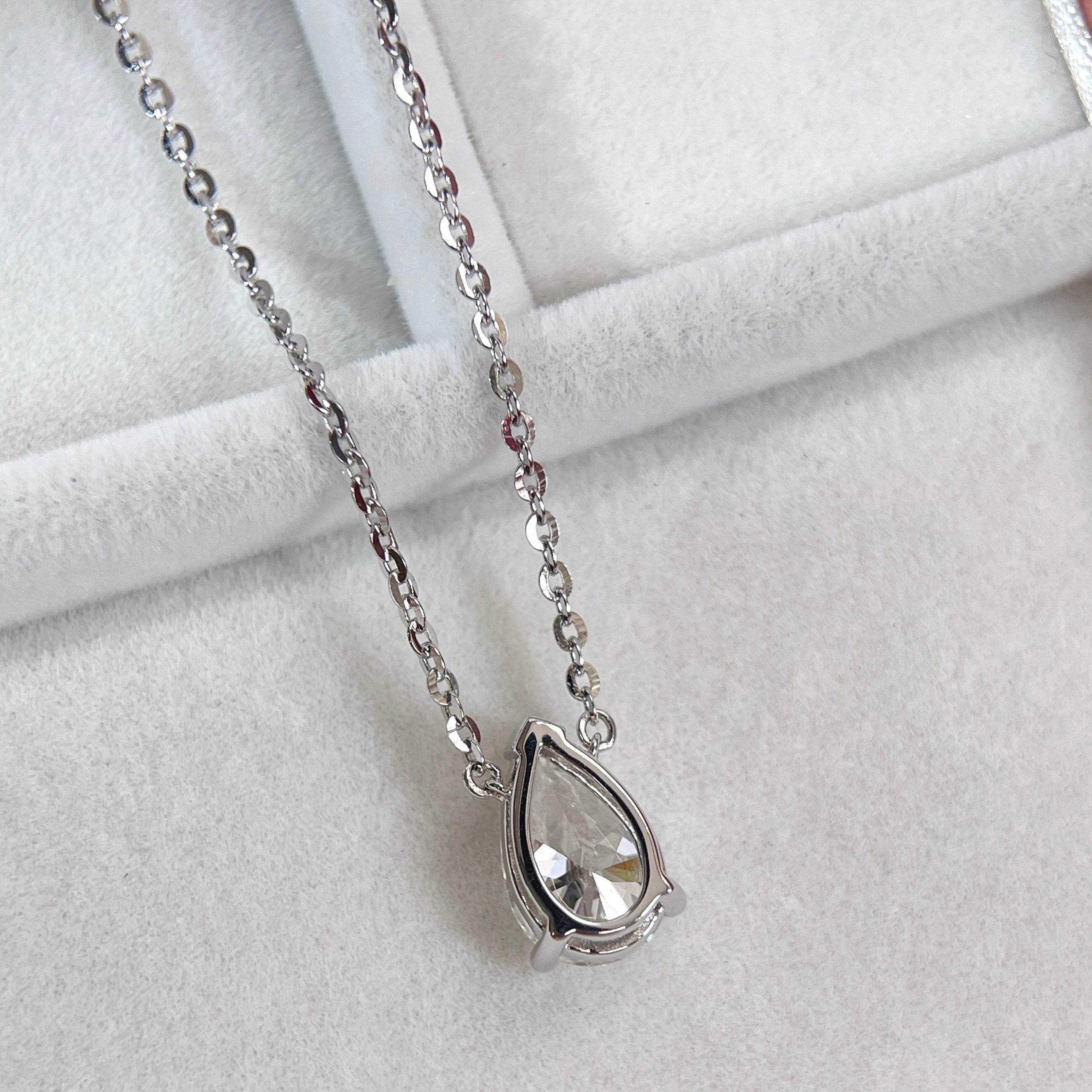 Back view of the setting of a 1.5 carat pear lab grown diamond necklace in S925 sterling silver.