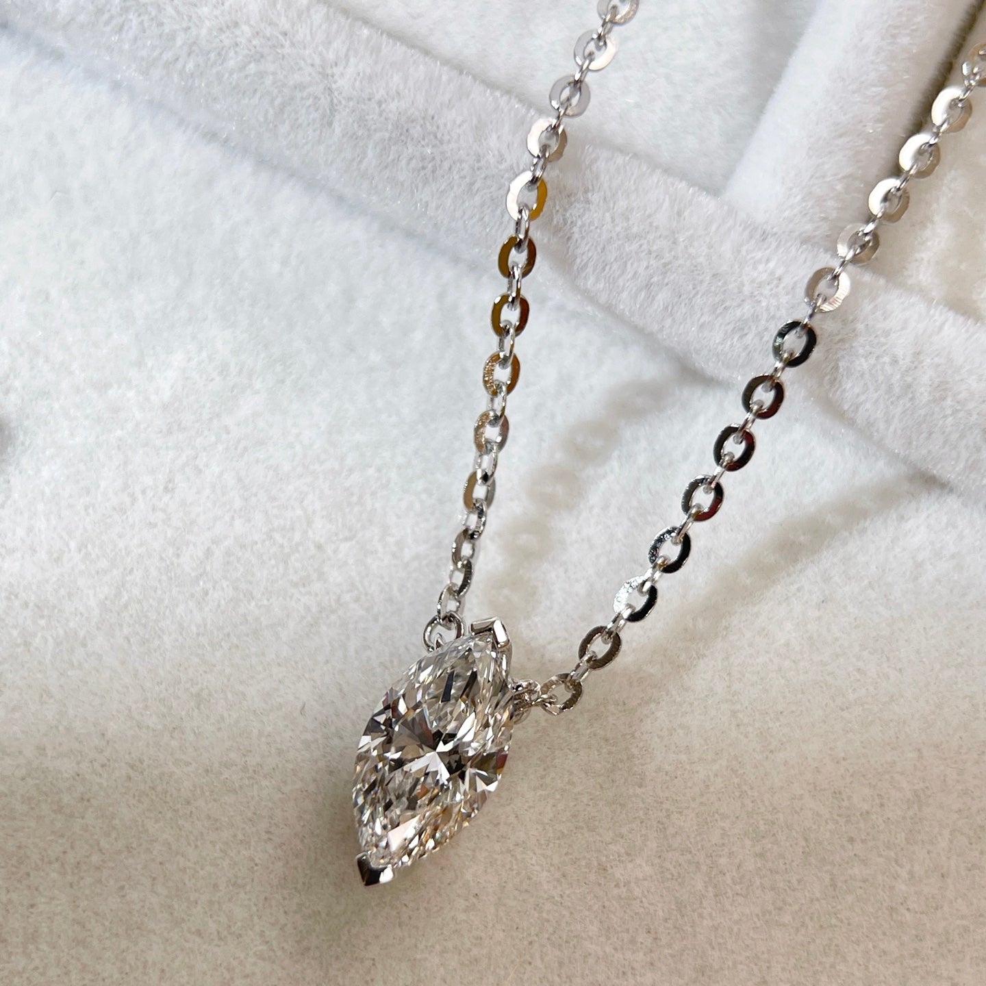 Front view of a 1 carat marquise lab grown diamond necklace in S925 sterling silver.
