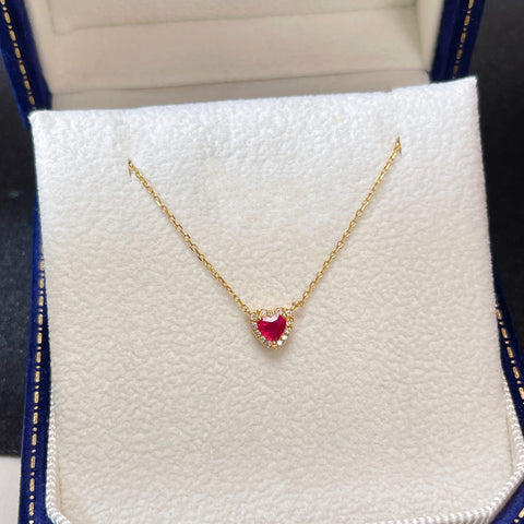 Natural Heart Mini Ruby Necklace Diamond 18k Solid Yellow Gold With Certificate