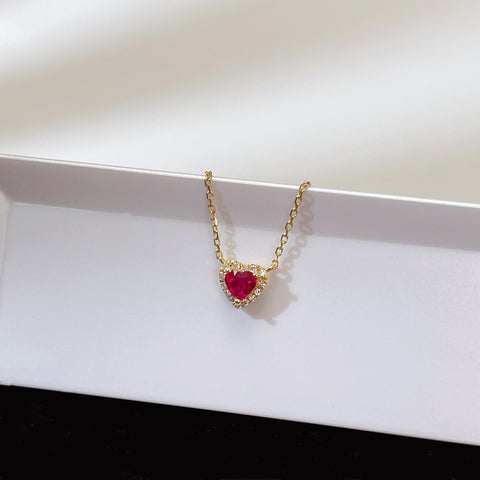 Natural Heart Mini Ruby Necklace Diamond 18k Solid Yellow Gold With Certificate