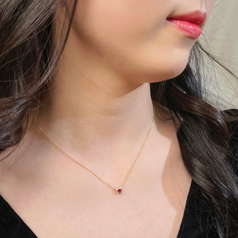 Natural Heart Mini Ruby Necklace Diamond 18k Solid Yellow Gold With Certificate