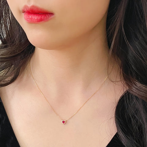 Natural Heart Mini Ruby Necklace Diamond 18k Solid Yellow Gold With Certificate