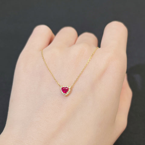 Natural Heart Mini Ruby Necklace Diamond 18k Solid Yellow Gold With Certificate