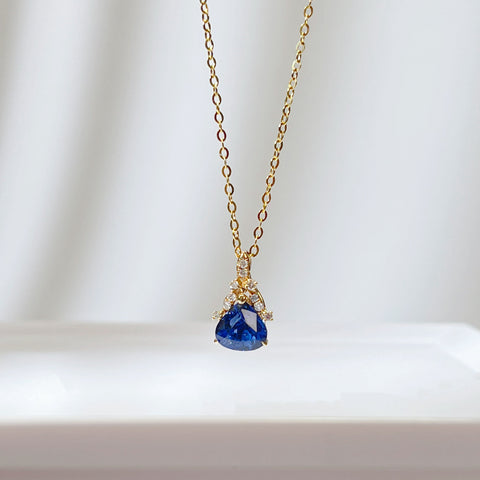 Triangle Pear Blue Sapphire Minimalist pendant necklace Birthstone Gemstone Necklace18K solid gold
