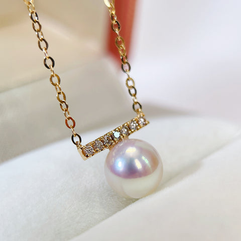 Akoya Pearl and Line Balance Diamond Pendant Necklace in 18K Solid Gold 7.5-8MM  With Certificate