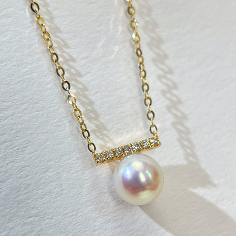 Akoya Pearl and Line Balance Diamond Pendant Necklace in 18K Solid Gold 7.5-8MM  With Certificate