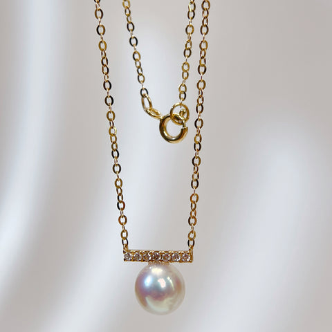 Akoya Pearl and Line Balance Diamond Pendant Necklace in 18K Solid Gold 7.5-8MM  With Certificate