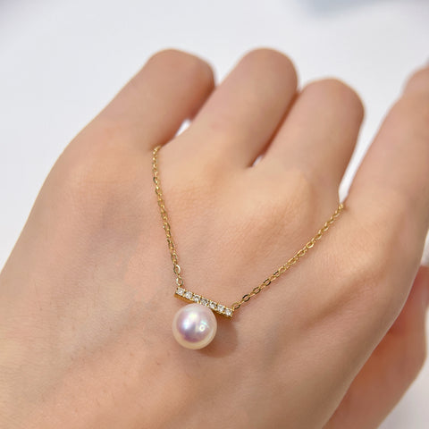 Akoya Pearl and Line Balance Diamond Pendant Necklace in 18K Solid Gold 7.5-8MM  With Certificate