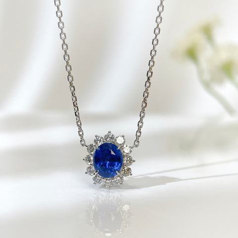 2.78 Carat Blue Sapphire Diana Necklace Pendant Halo Diamond Setting 18K Solid Gold With AIGS Certificate