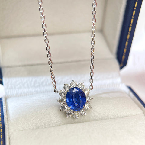 2.78 Carat Blue Sapphire Diana Necklace Pendant Halo Diamond Setting 18K Solid Gold With AIGS Certificate