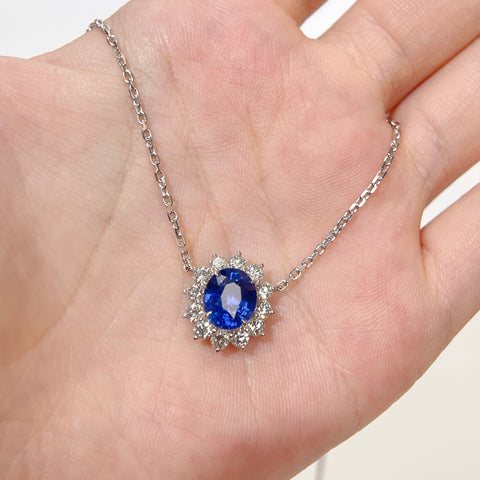2.78 Carat Blue Sapphire Diana Necklace Pendant Halo Diamond Setting 18K Solid Gold With AIGS Certificate
