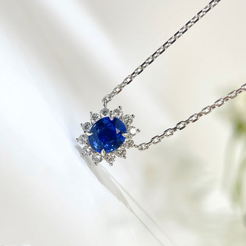 1.19 Carat Oval Blue Sapphire Diana Necklace Pendant Halo Diamond Setting 18K Solid Gold With AGL Certificate