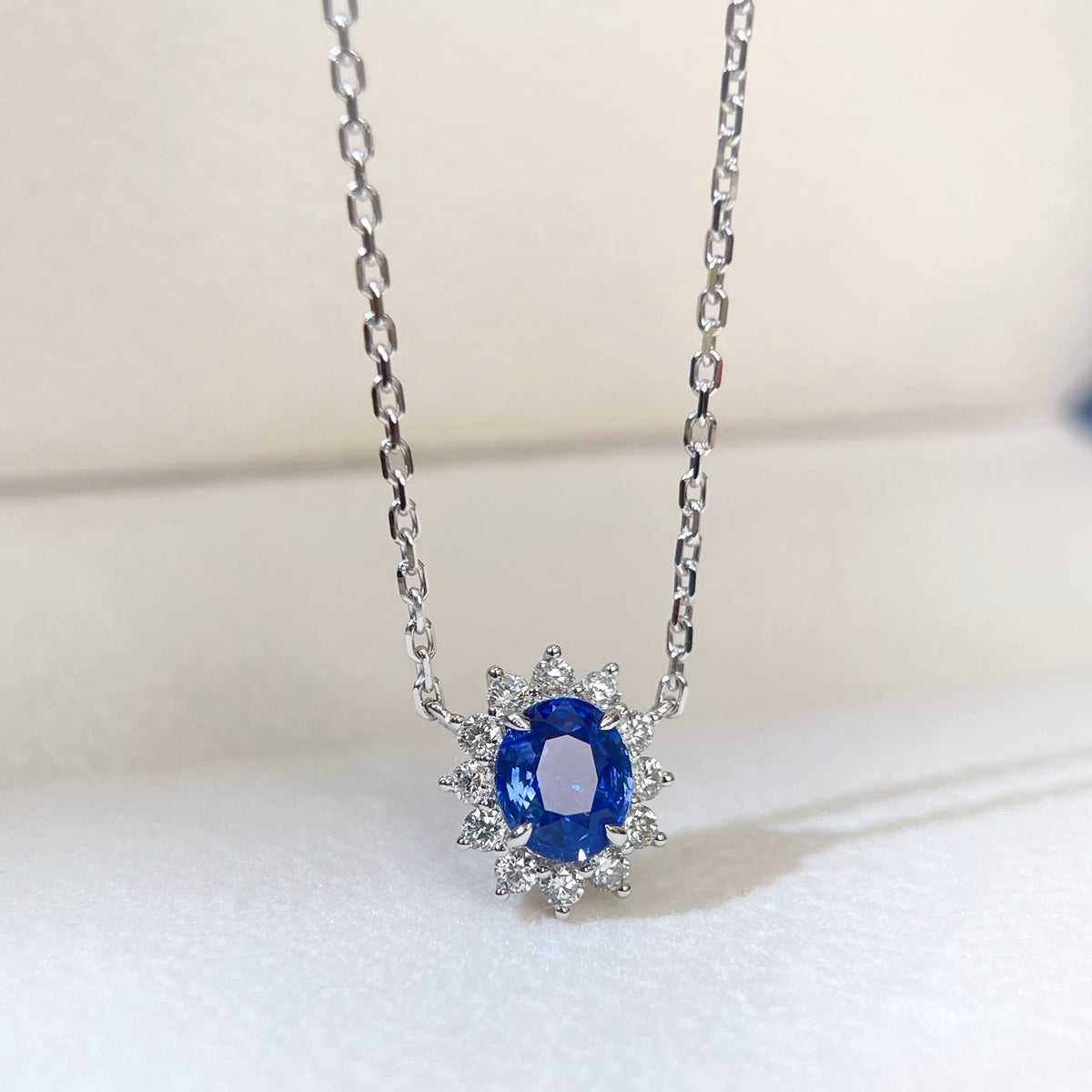 1.19 Carat Oval Blue Sapphire Diana Necklace Pendant Halo Diamond Setting 18K Solid Gold With AGL Certificate