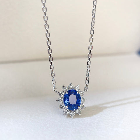 1.19 Carat Oval Blue Sapphire Diana Necklace Pendant Halo Diamond Setting 18K Solid Gold With AGL Certificate