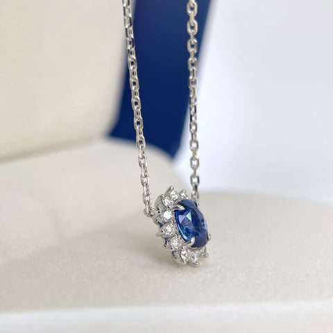 1.19 Carat Oval Blue Sapphire Diana Necklace Pendant Halo Diamond Setting 18K Solid Gold With AGL Certificate