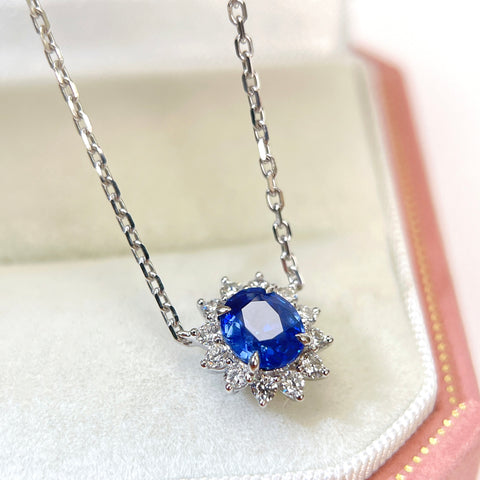 1.19 Carat Oval Blue Sapphire Diana Necklace Pendant Halo Diamond Setting 18K Solid Gold With AGL Certificate