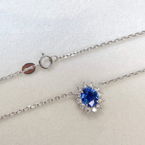 1.19 Carat Oval Blue Sapphire Diana Necklace Pendant Halo Diamond Setting 18K Solid Gold With AGL Certificate