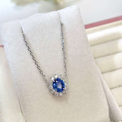 1.19 Carat Oval Blue Sapphire Diana Necklace Pendant Halo Diamond Setting 18K Solid Gold With AGL Certificate