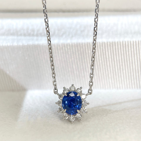 1.19 Carat Oval Blue Sapphire Diana Necklace Pendant Halo Diamond Setting 18K Solid Gold With AGL Certificate