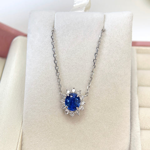 1.19 Carat Oval Blue Sapphire Diana Necklace Pendant Halo Diamond Setting 18K Solid Gold With AGL Certificate