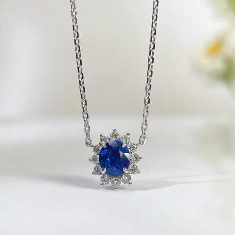1.19 Carat Oval Blue Sapphire Diana Necklace Pendant Halo Diamond Setting 18K Solid Gold With AGL Certificate