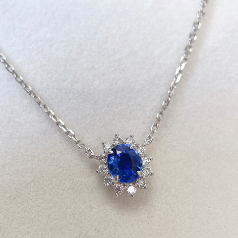 1.19 Carat Oval Blue Sapphire Diana Necklace Pendant Halo Diamond Setting 18K Solid Gold With AGL Certificate