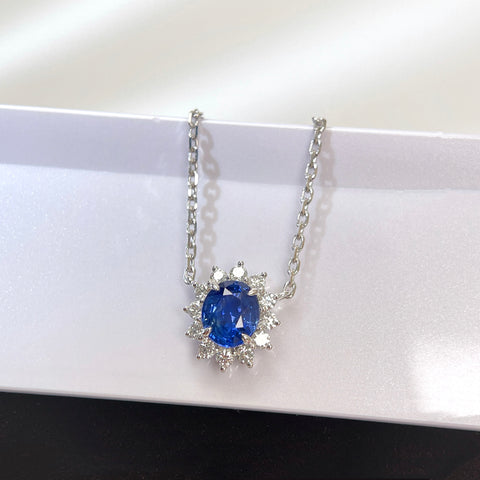 1.19 Carat Oval Blue Sapphire Diana Necklace Pendant Halo Diamond Setting 18K Solid Gold With AGL Certificate