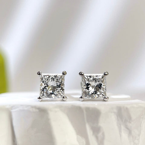 IGI certified 2 CTW princess-cut lab-grown diamond four-prong stud earrings in 18K white gold