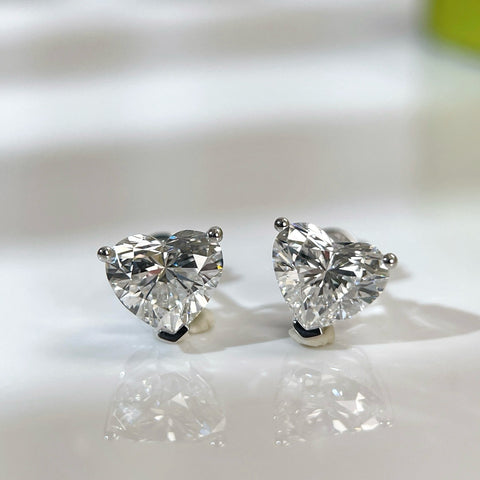 IGI certified 3 CTW heart-shaped lab-grown diamond three-prong stud earrings in 18K white gold