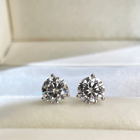 3 CTW round lab grown diamond Martini stud earrings displayed in a jewelry box