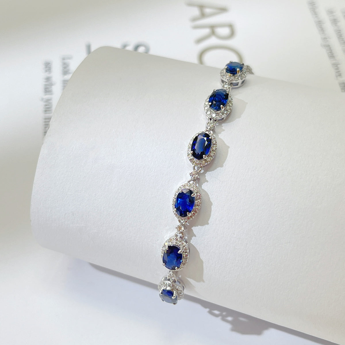 Oval Blue Sapphire Bracelet With Diamond Halo