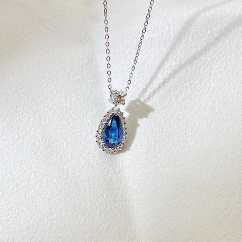 1.54 Carat Pear Blue Sapphire Necklace Elegant halo Setting  With Guild Certificate Intense Blue