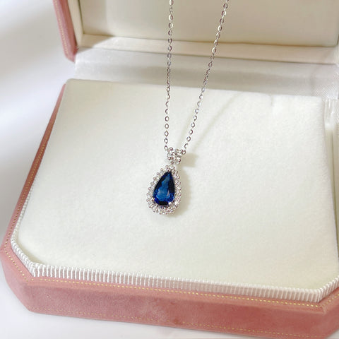 1.54 Carat Pear Blue Sapphire Necklace Elegant halo Setting  With Guild Certificate Intense Blue