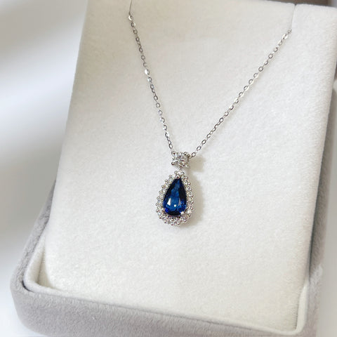 1.54 Carat Pear Blue Sapphire Necklace Elegant halo Setting  With Guild Certificate Intense Blue