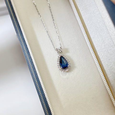 1.54 Carat Pear Blue Sapphire Necklace Elegant halo Setting  With Guild Certificate Intense Blue