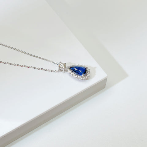 1.54 Carat Pear Blue Sapphire Necklace Elegant halo Setting  With Guild Certificate Intense Blue