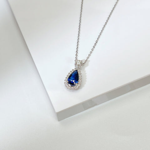 1.54 Carat Pear Blue Sapphire Necklace Elegant halo Setting  With Guild Certificate Intense Blue