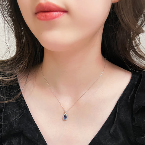 1.54 Carat Pear Blue Sapphire Necklace Elegant halo Setting  With Guild Certificate Intense Blue